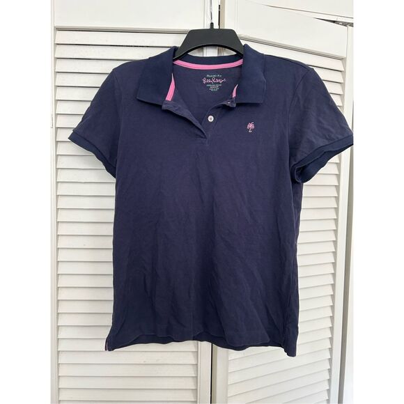 Lilly Pulitzer Resort Fit Navy Blue Palm Tree Button Polo Shirt, Size Medium - Picture 1 of 7
